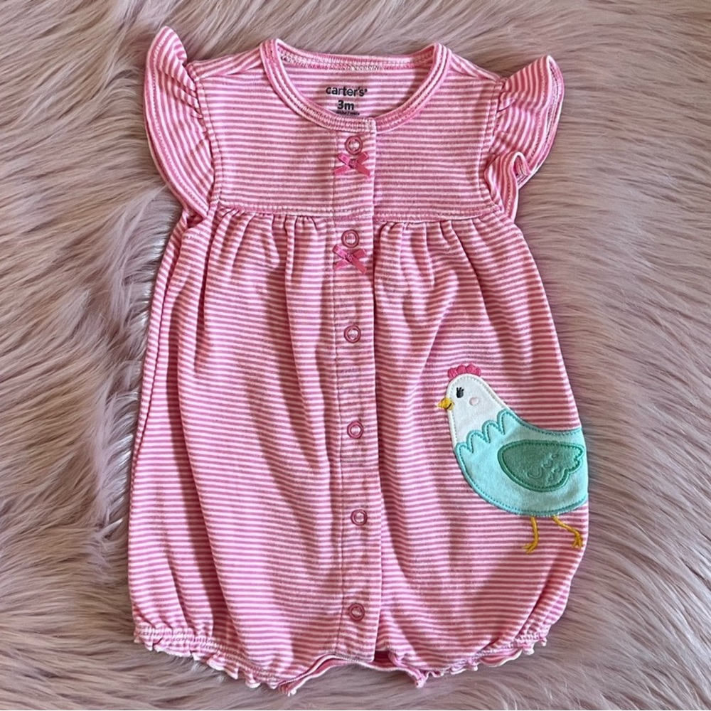 Carter's Pink Striped Romper 3m with teal and white chicken appliqué
